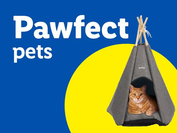 Orange cat in a grey pet teepee, with 'Pawfect pets' text on a blue and yellow background.