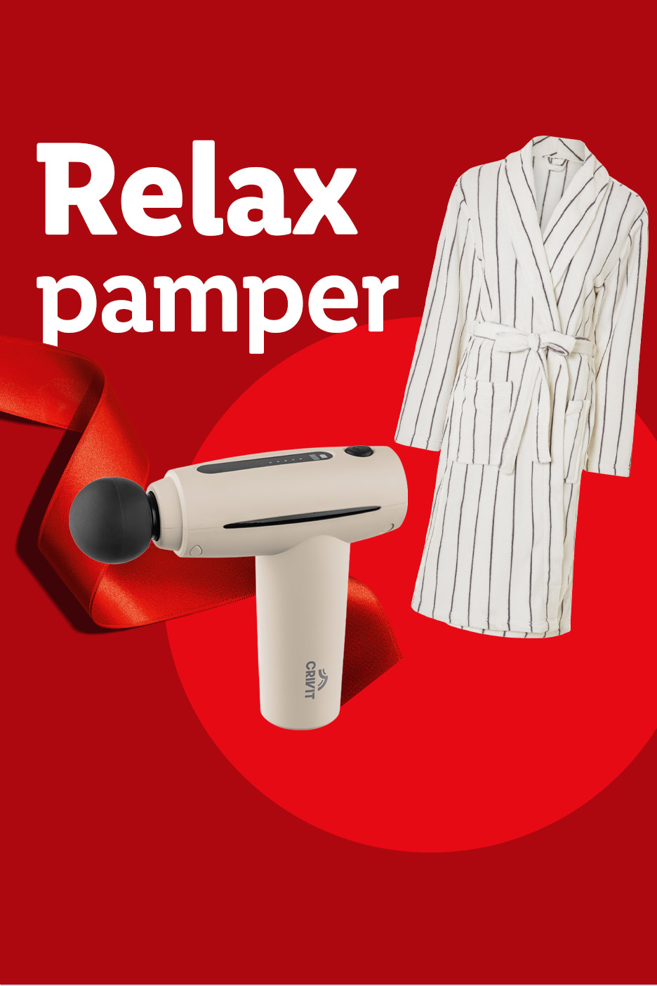 White striped bathrobe with a red ribbon and text 'Relax pamper' on a red background.