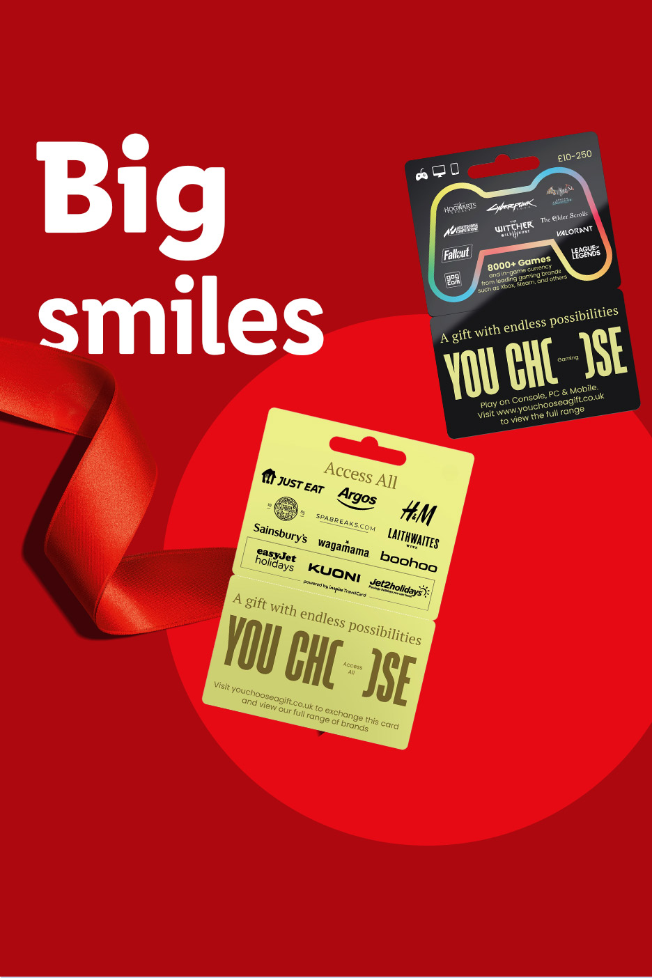 Red background with a ribbon and a gaming gift card featuring game titles like Fallout and Witcher.