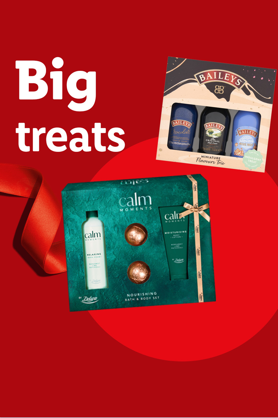 Lidl 'Big treats' text with a Calm Moments bath and body gift set and red ribbon.