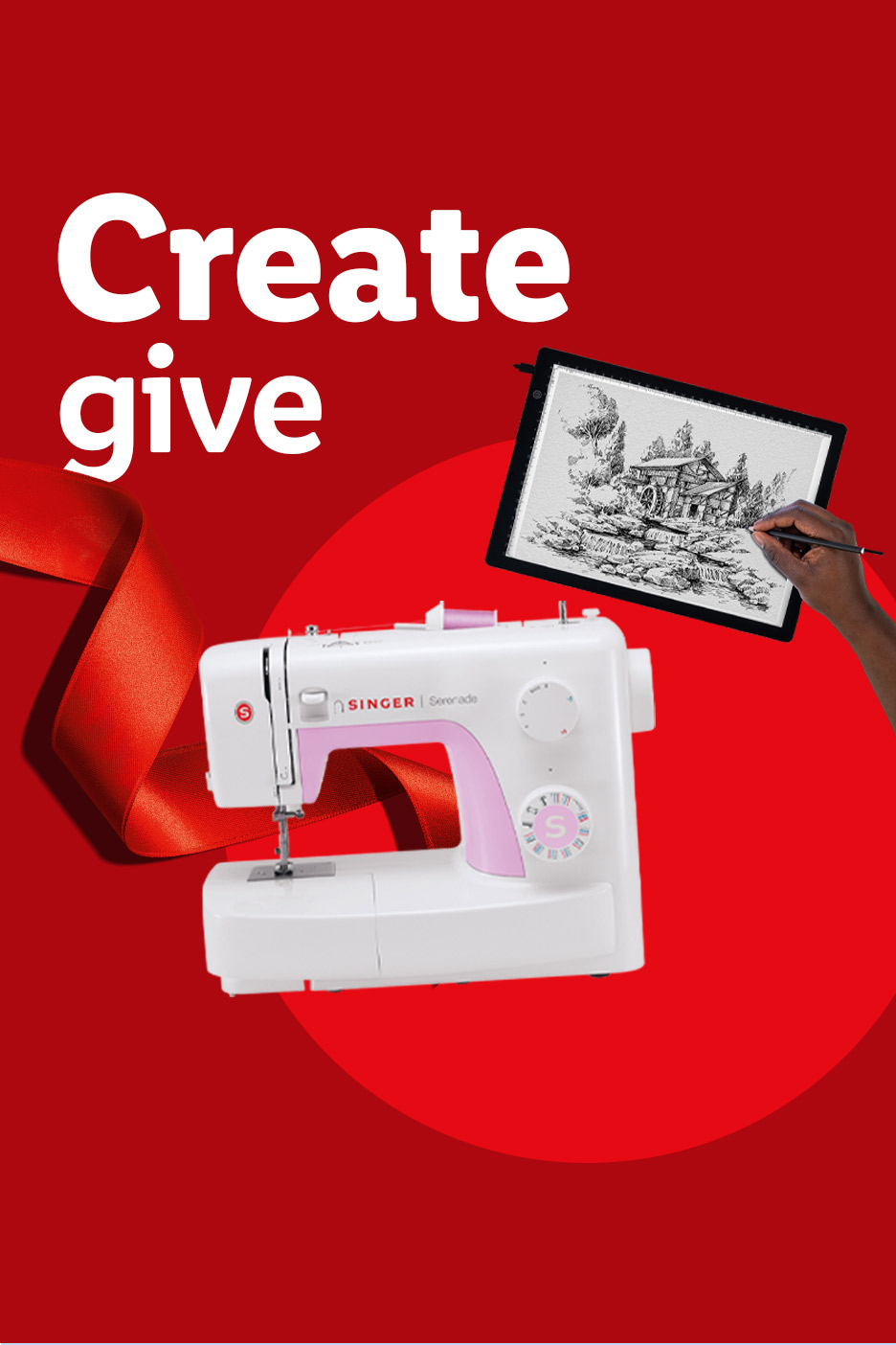 Red background with a Singer sewing machine and a red ribbon, text reads 'Create give'