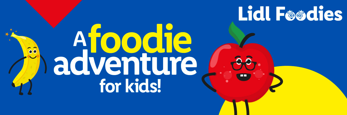 Cartoon banana and apple characters with text: 'A foodie adventure for kids!' and 'Foodies' logo.