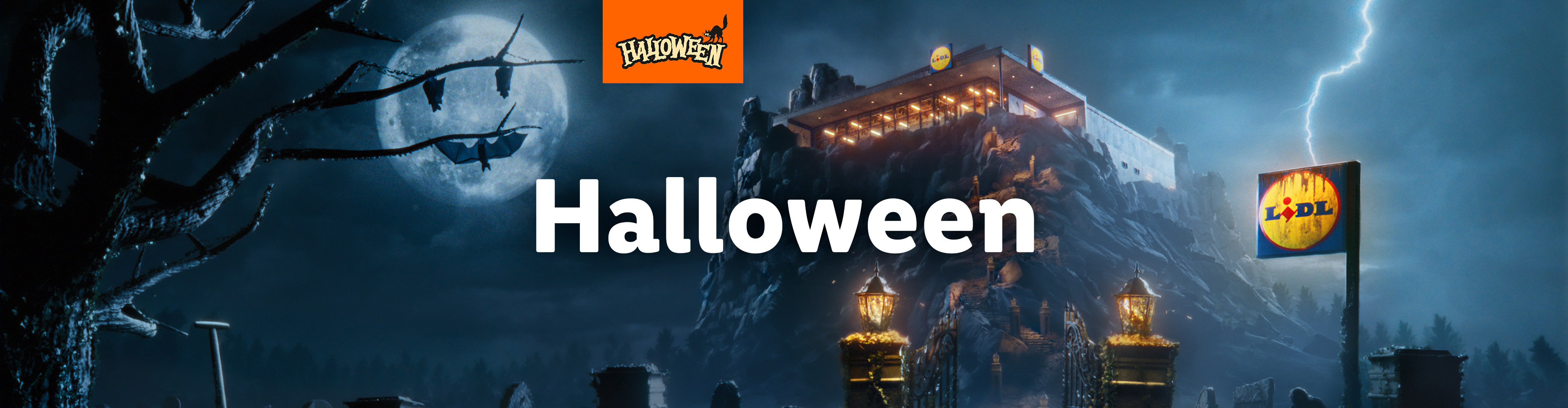Lidl Halloween banner with a spooky castle, graveyard, and bats under a full moon.