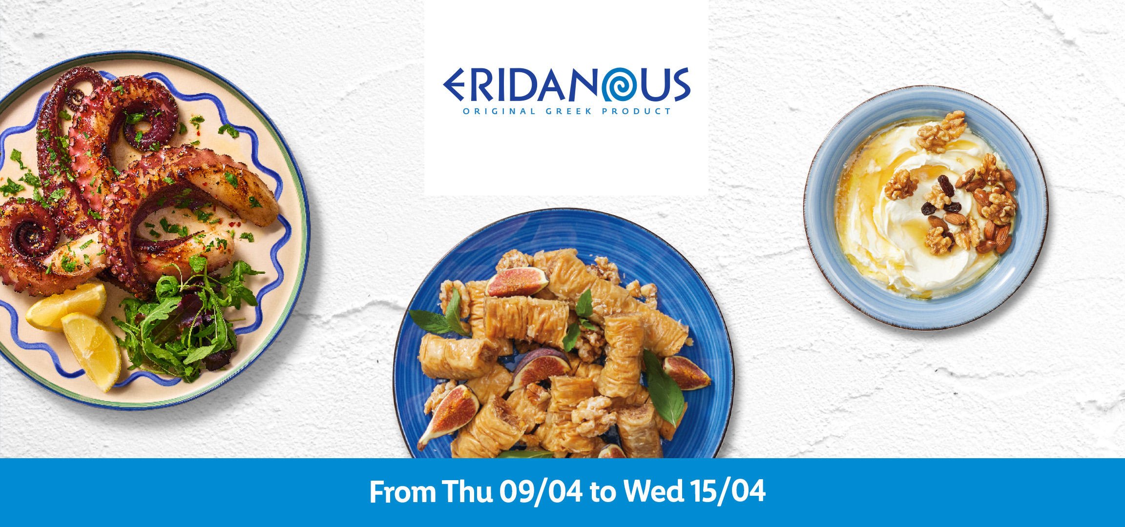 Grilled octopus with lemon and salad, and baklava with figs and walnuts, on a white background.