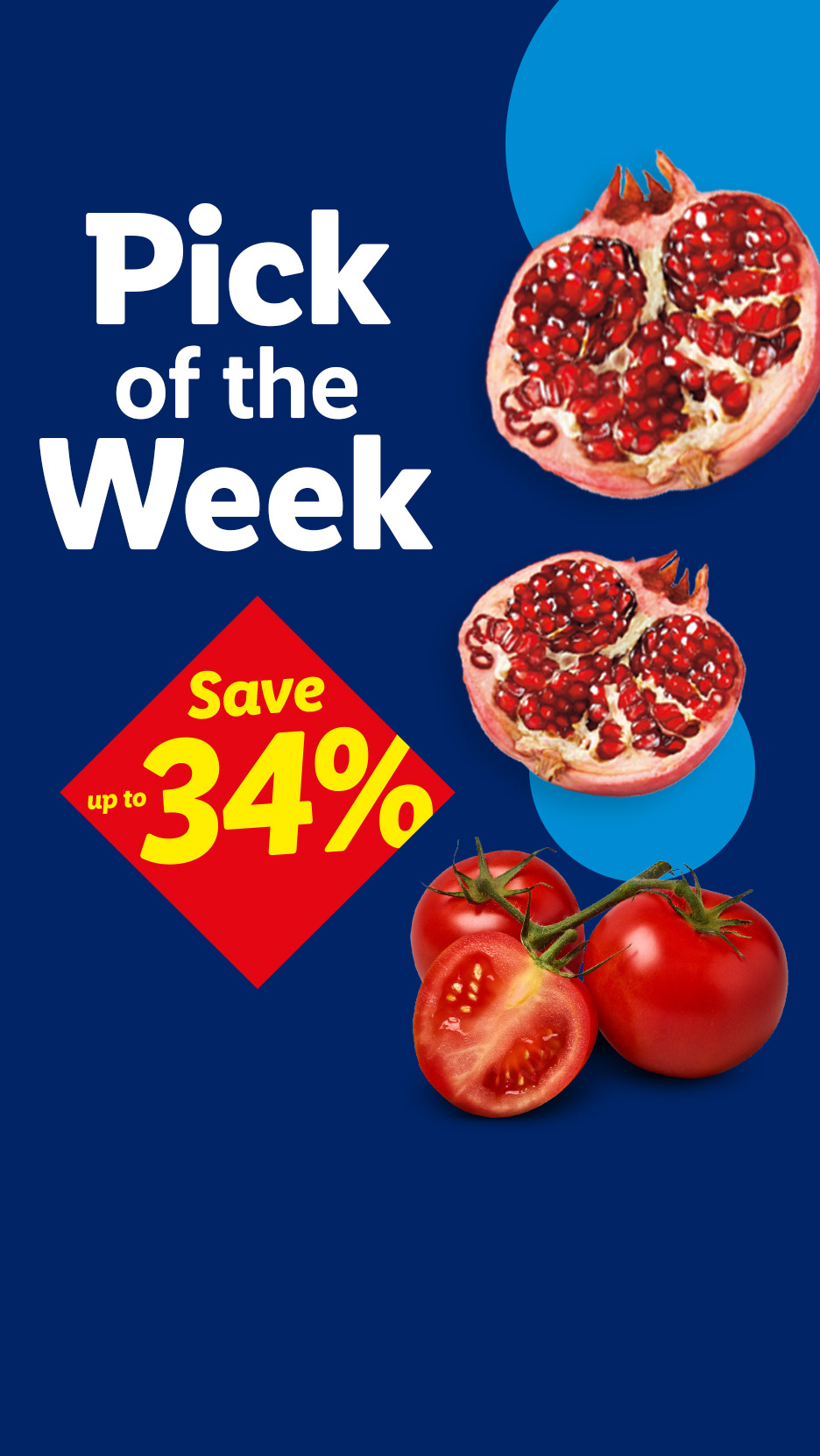 Pick of the Week text with two pomegranates on a blue background.