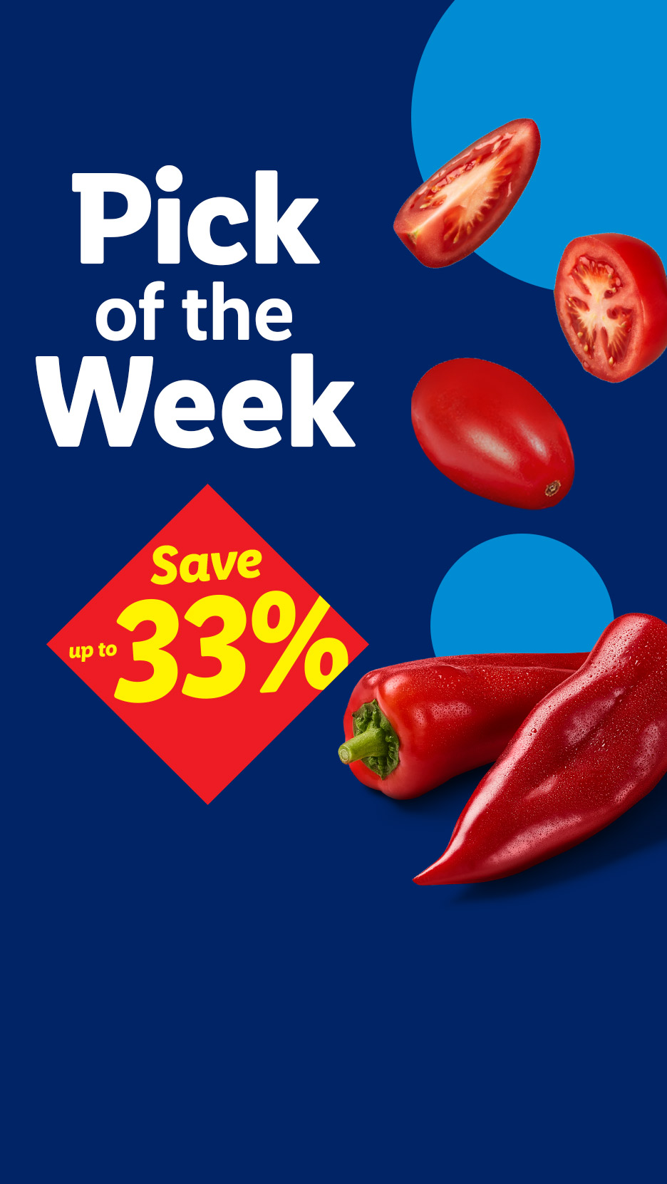 Lidl's 'Pick of the Week' featuring fresh red plum tomatoes on a blue background.