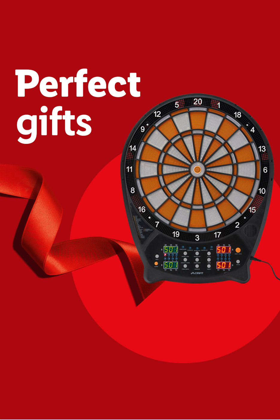 An electronic dartboard with a red ribbon and the text 'Perfect gifts' on a red background.