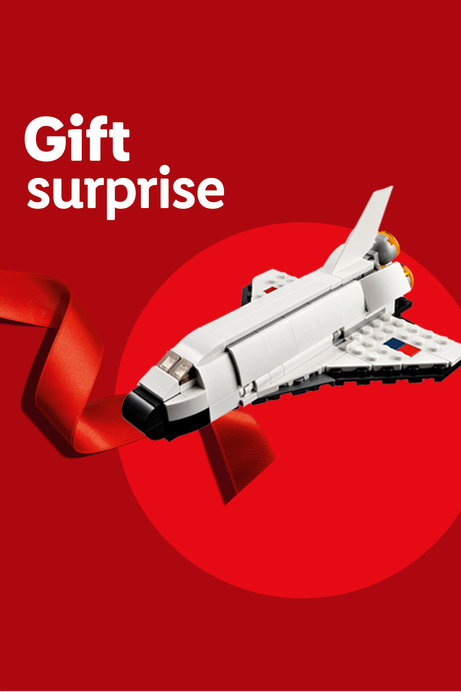 Red background with 'Gift surprise' text, a red ribbon, and a white Lego space shuttle.