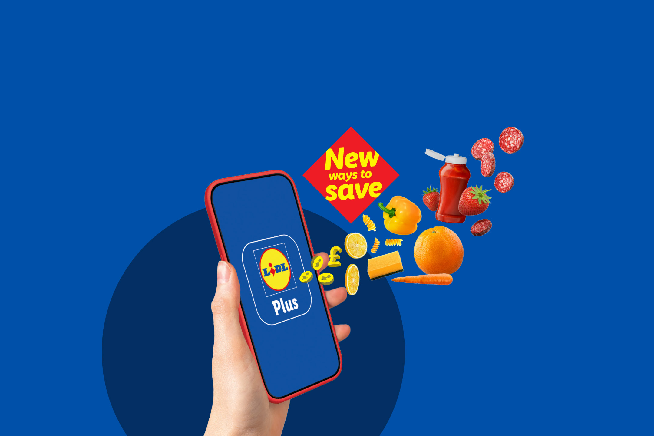 Hand holding a smartphone with a savings app, surrounded by groceries and coins, with text 'New ways to save'.