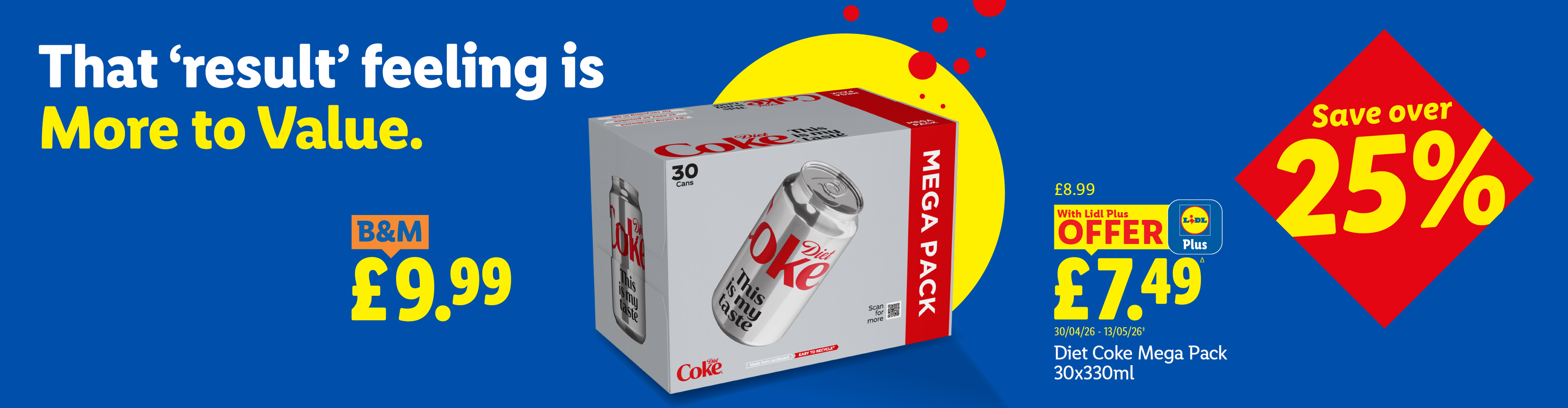 A mega pack of 30 cans of diet cola, priced at £7.49 with a Lidl Plus offer, saving over 25%.
