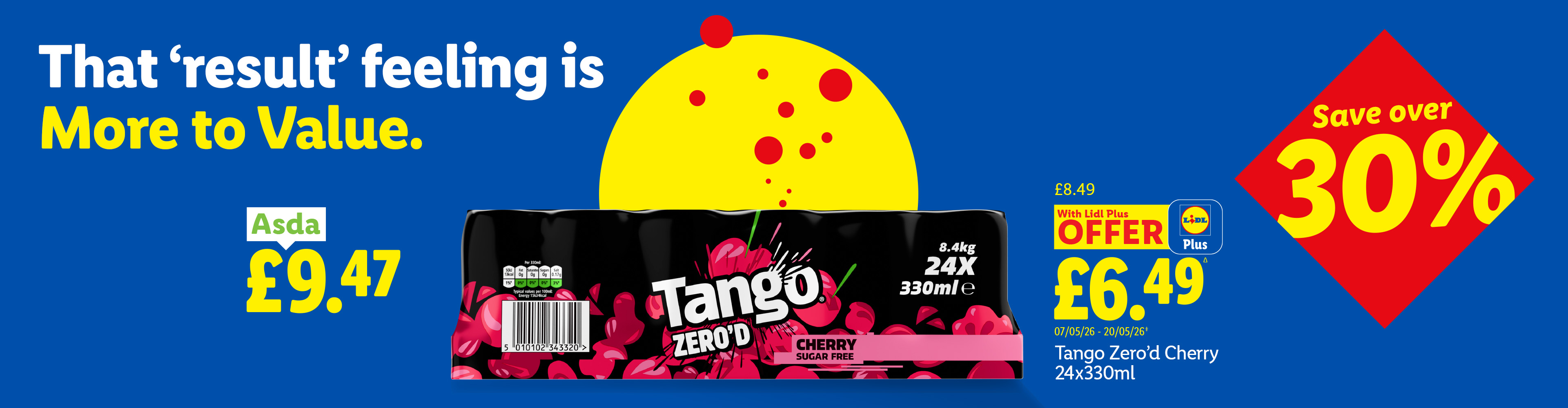 A 24-pack of cherry-flavored sugar-free soda, priced at £6.49 with Lidl Plus, saving over 30%.