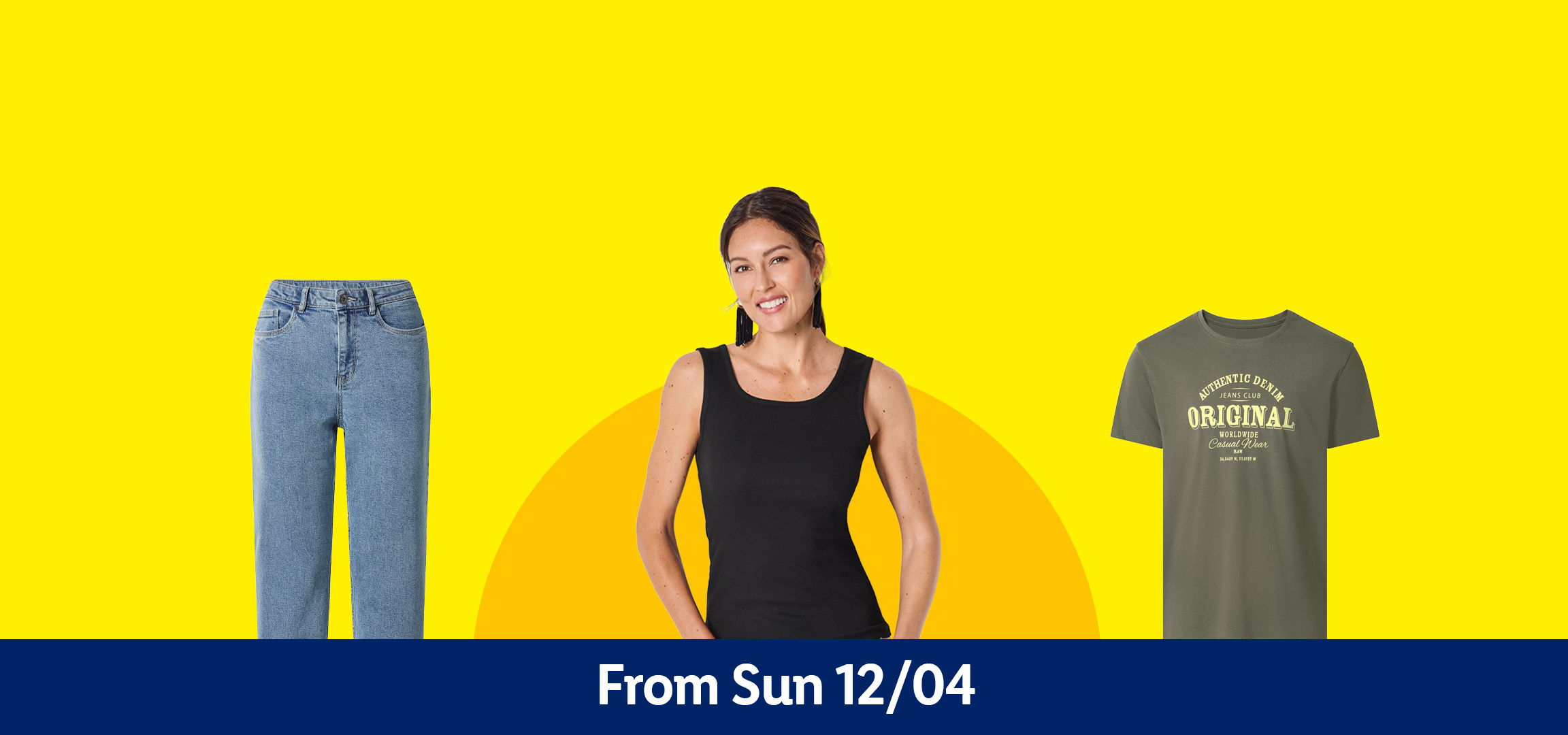 Woman in black tank top, jeans, and clogs, with a green graphic t-shirt. From Sun 12/04.