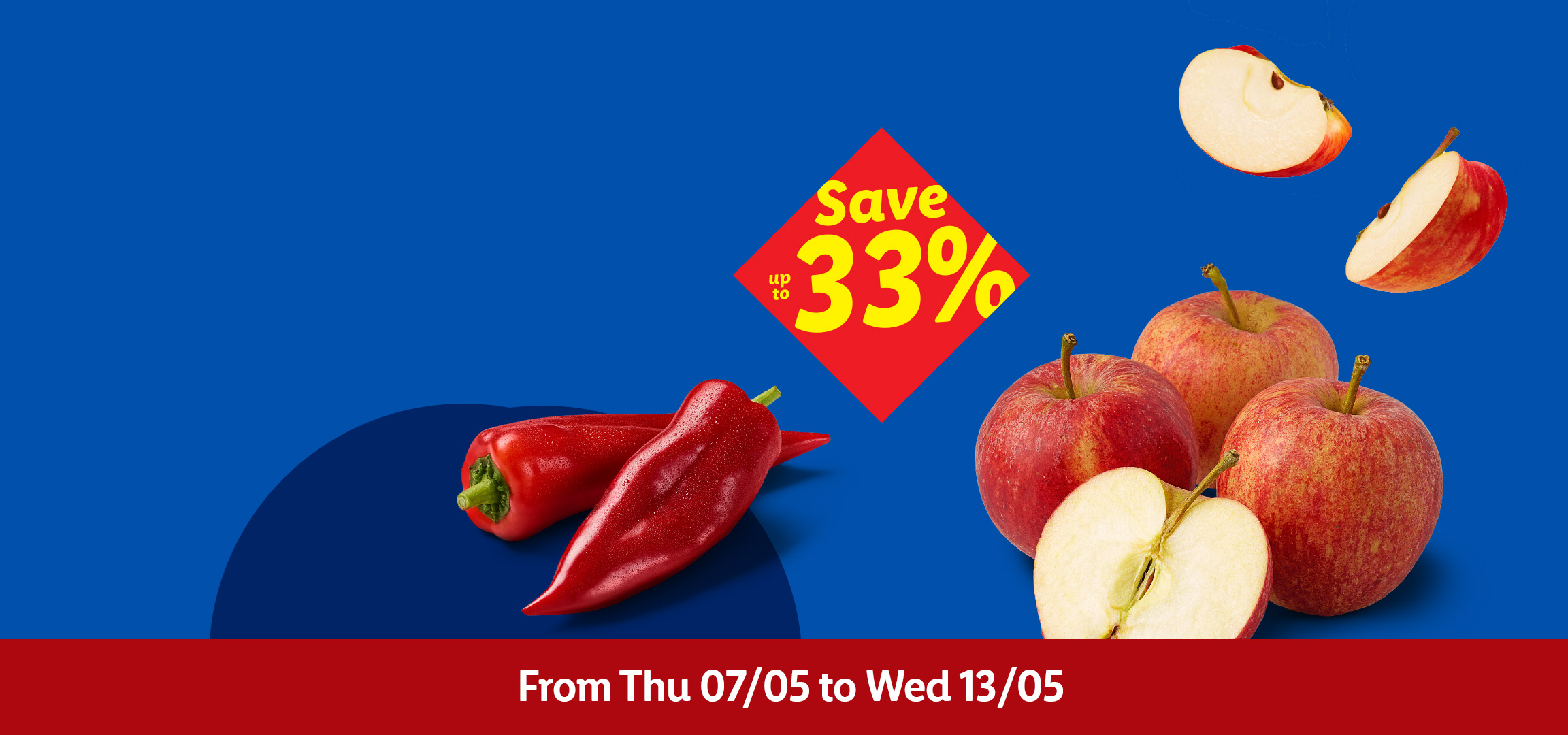Red peppers, spring onions, and apples on a blue background with a 'Save up to 33%' offer and dates.