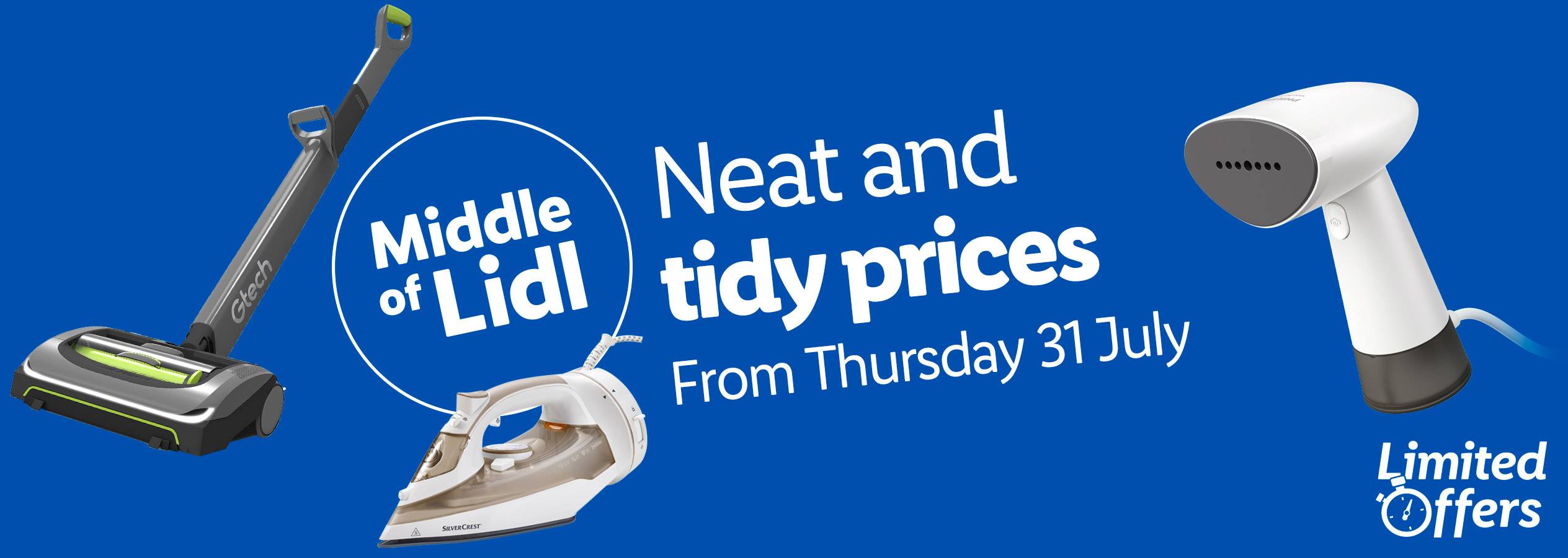 Lidl's Middle of Lidl sale features Gtech vacuum, Silvercrest iron, and a handheld garment steamer. Limited time offers from July 31st.