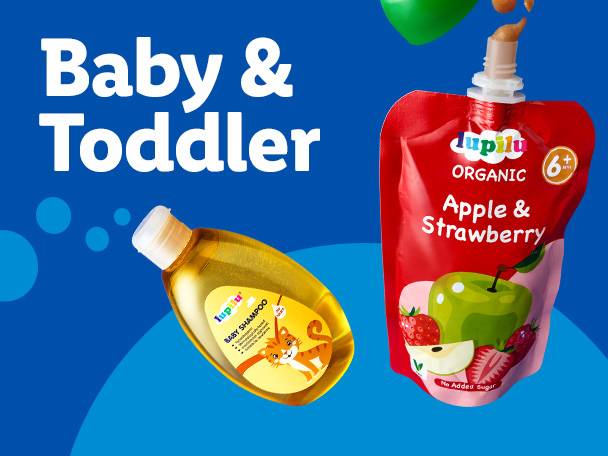 Lupilu baby shampoo and organic apple & strawberry puree pouch for babies and toddlers.