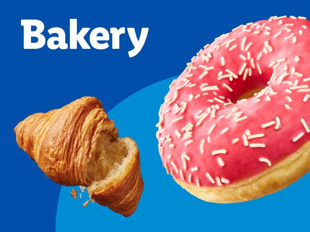 A croissant and a pink frosted donut with sprinkles on a blue background, with the word 'Bakery'.