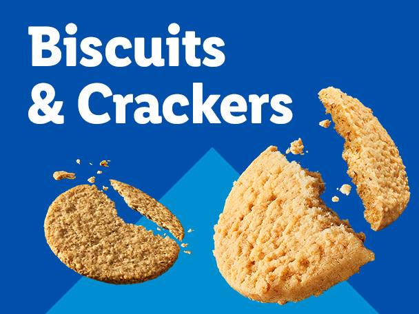 Two broken biscuits and text that reads 'Biscuits & Crackers' on a blue background.