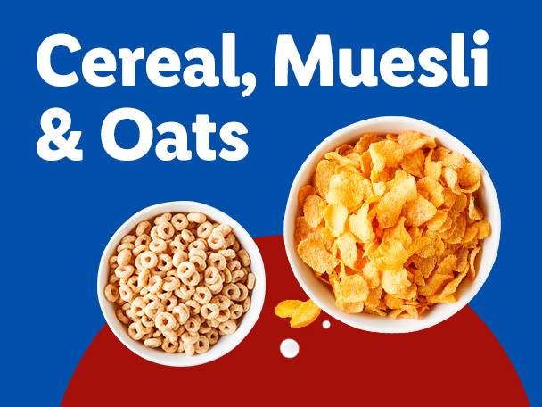 Two bowls of cereal, one with cornflakes and one with oat rings, on a red and blue background.