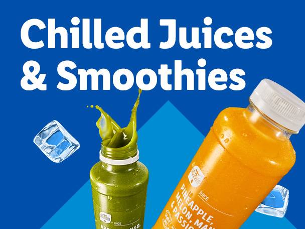 Bottles of chilled green and orange juices with ice cubes, under the text 'Chilled Juices & Smoothies'.