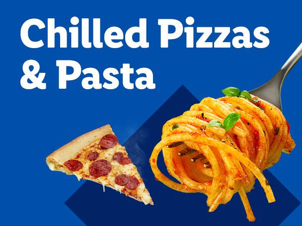A slice of pepperoni pizza and spaghetti on a fork, with text 'Chilled Pizzas & Pasta'.