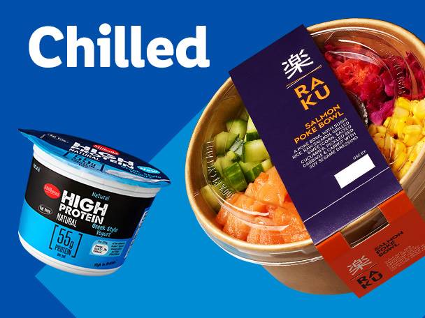 A Milbona high protein yogurt and a Raku salmon poke bowl on a blue background with 'Chilled' text.