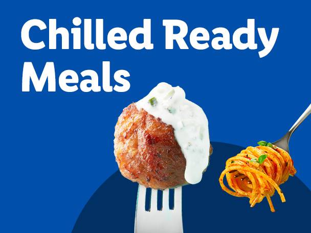 Chilled ready meals featuring a meatball with sauce and spaghetti on forks.