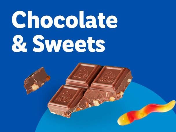 Chocolate bars and a gummy worm on a blue background with text 'Chocolate & Sweets'.