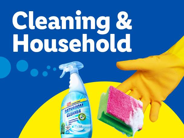 Cleaning & Household products with a spray bottle, sponge, and gloved hand.