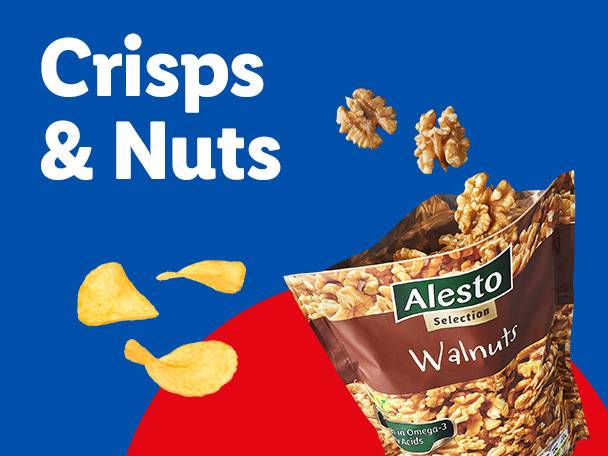 A bag of Alesto Walnuts with loose walnuts and potato crisps on a blue background.