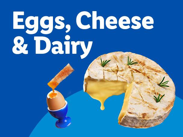 Eggs, Cheese & Dairy with a soft-ripened cheese and a boiled egg.