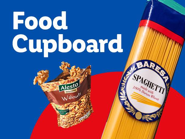 A bag of walnuts and a package of spaghetti against a blue background with 'Food Cupboard' text.