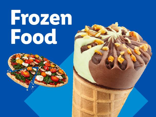 An ice cream cone and a pizza with the text 'Frozen Food'.