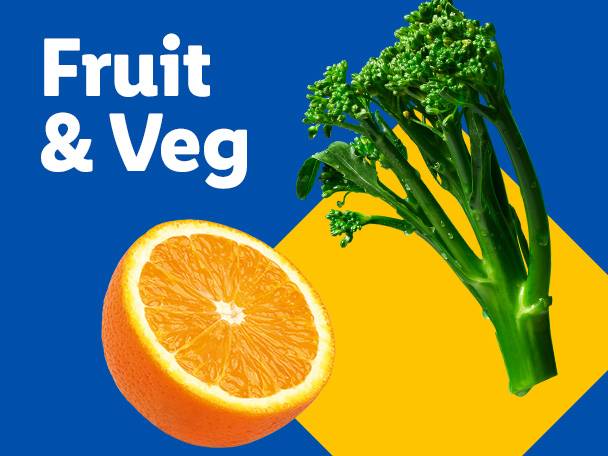 A vibrant image featuring a sliced orange and broccoli with the text 'Fruit & Veg'.