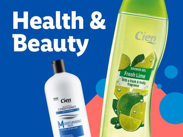 Cien shower gel and conditioner bottles, promoting health and beauty products.