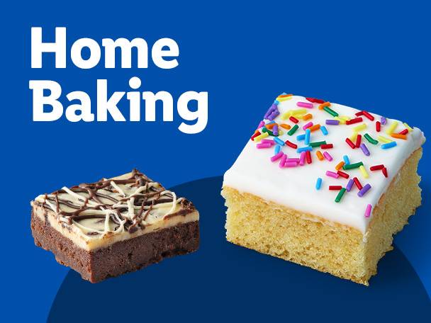 A brownie and a vanilla cake with sprinkles on a blue background with the text 'Home Baking'.