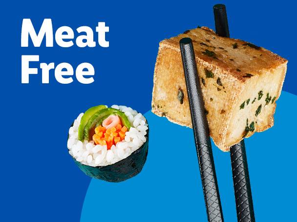 A block of tofu held by chopsticks and a sushi roll, with 'Meat Free' text.
