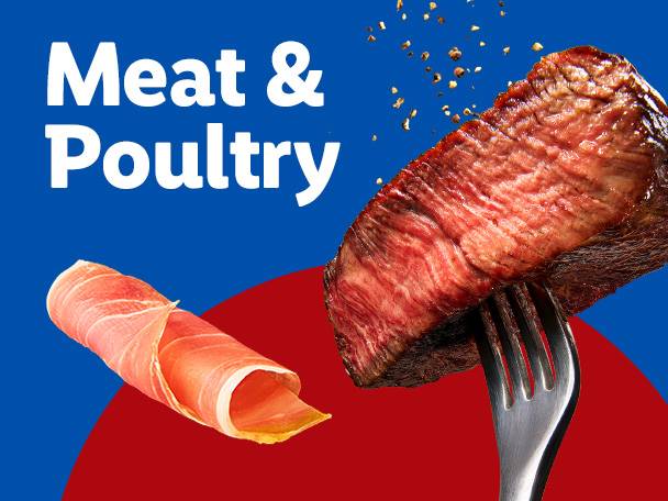A steak on a fork and a rolled slice of prosciutto with text 'Meat & Poultry'.