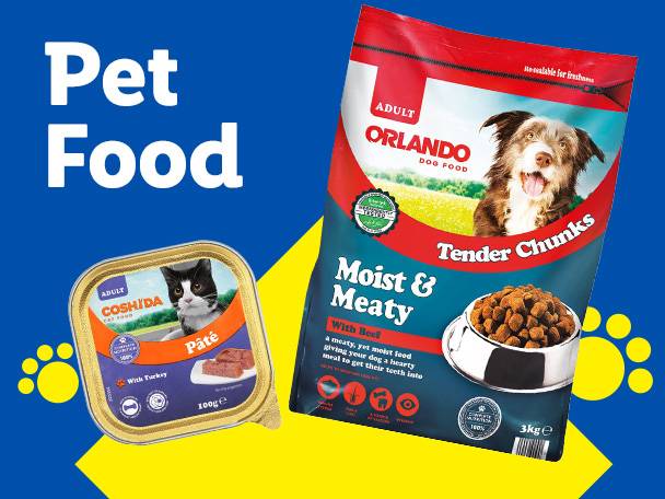Pet food products, including Orlando dog food and Coshida cat food, on a blue and yellow background.