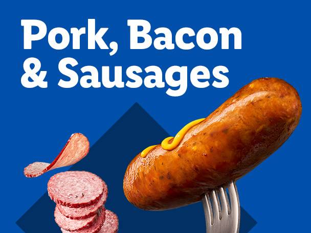 Pork, bacon, and sausages on a blue background.