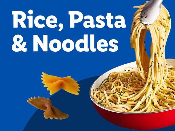 Spaghetti being served from a red pan, with two bow-tie pasta pieces and text 'Rice, Pasta & Noodles'.