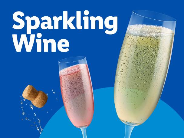 Two glasses of sparkling wine, one golden and one rosé, with a cork and bubbles.