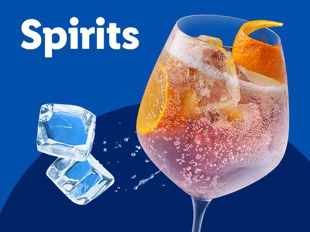A vibrant image featuring a gin and tonic cocktail with ice cubes and the word 'Spirits'.
