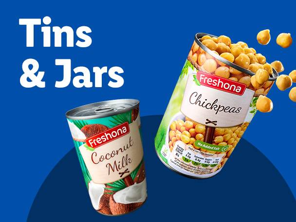 Freshona Chickpeas and Coconut Milk cans on a blue background with text 'Tins & Jars'.
