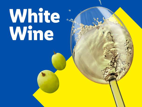 A glass of white wine with grapes on a blue and yellow background.