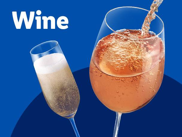 Two glasses of wine, one being poured, against a blue background with the word 'Wine'.