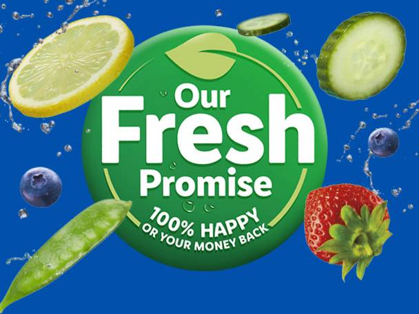 A green circle with 'Our Fresh Promise' and various fruits and vegetables.
