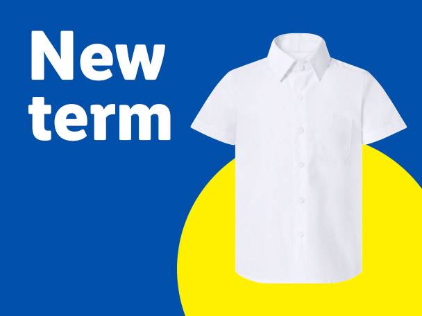 White school shirt on a blue and yellow background with text 'New term'.