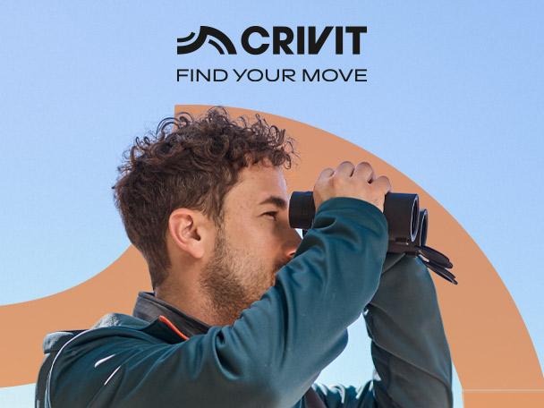 Man in outdoor jacket looking through binoculars, with text 'FIND YOUR MOVE'.