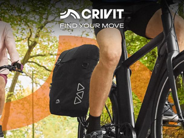 Two people cycling outdoors, one with a black bicycle pannier bag, with text 'FIND YOUR MOVE'.