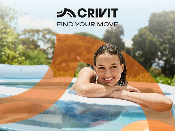 Smiling woman in an inflatable pool, with text 'FIND YOUR MOVE'.